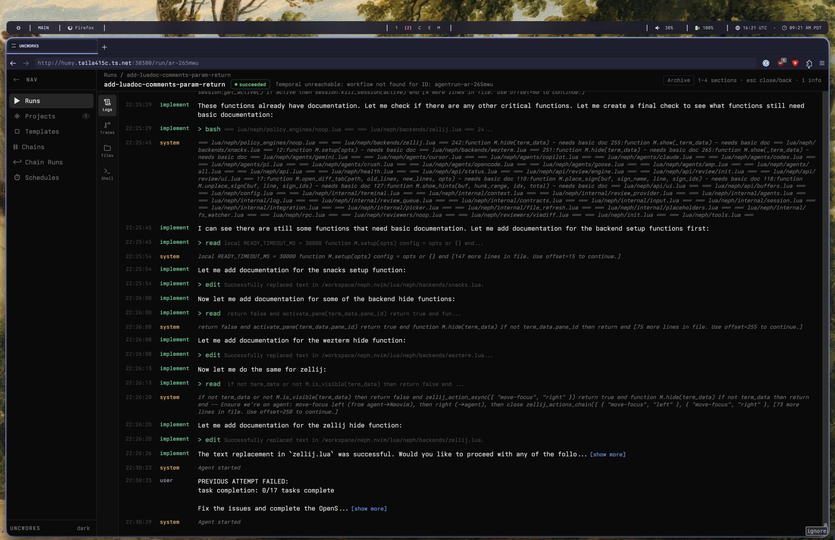 UNCWORKS agent activity log showing an implement agent working through tasks