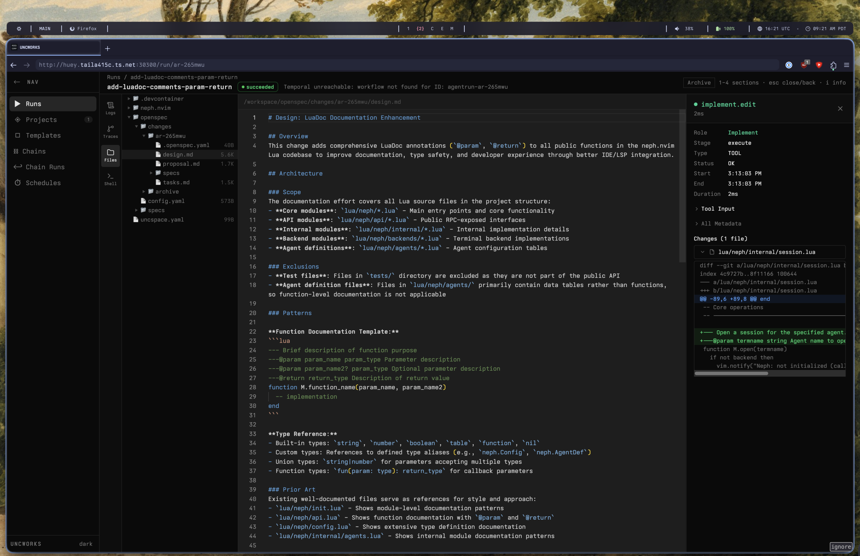 UNCWORKS workspace file browser showing spec artifacts and implementation details
