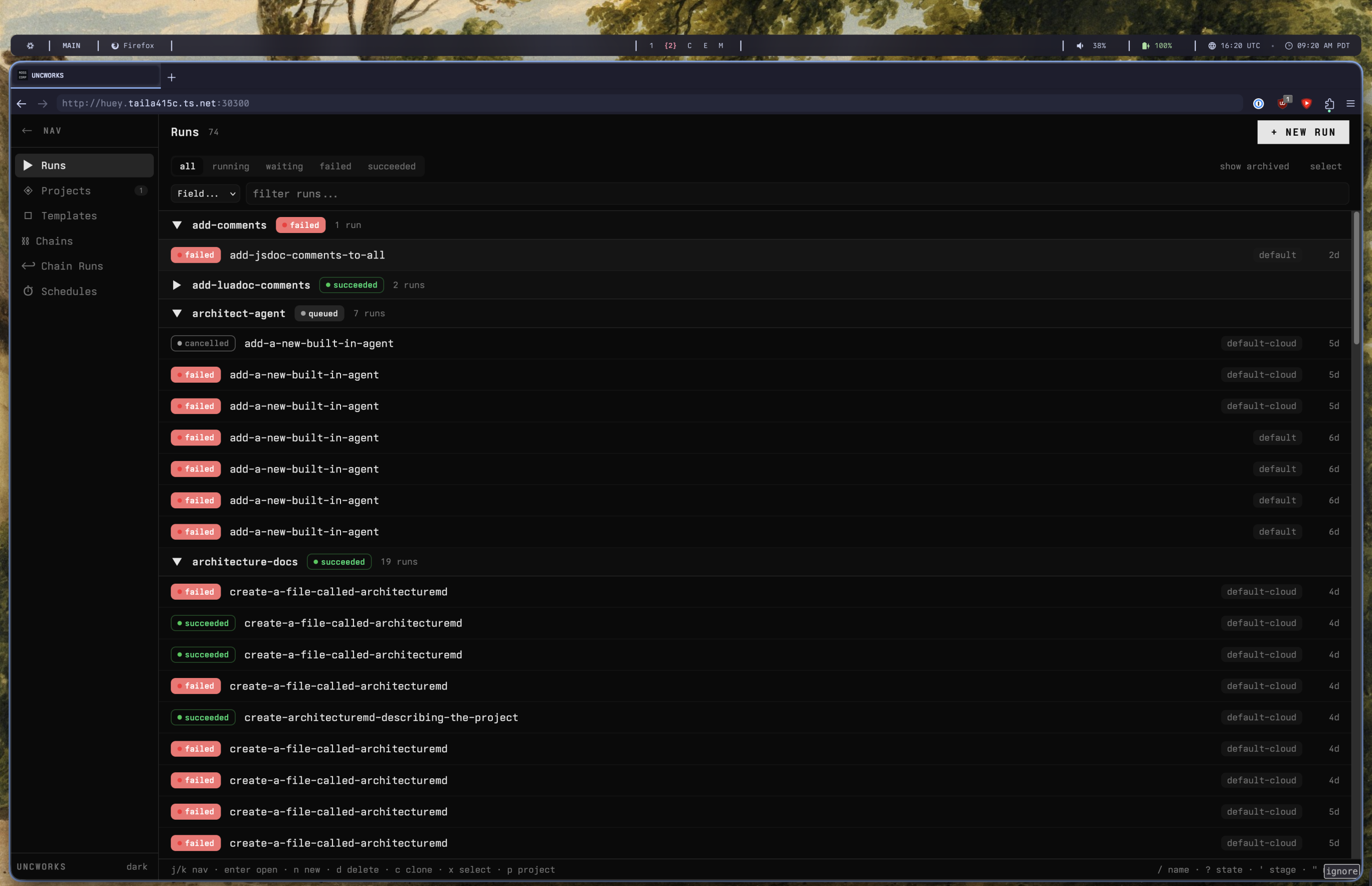 UNCWORKS run list dashboard showing project runs with status indicators