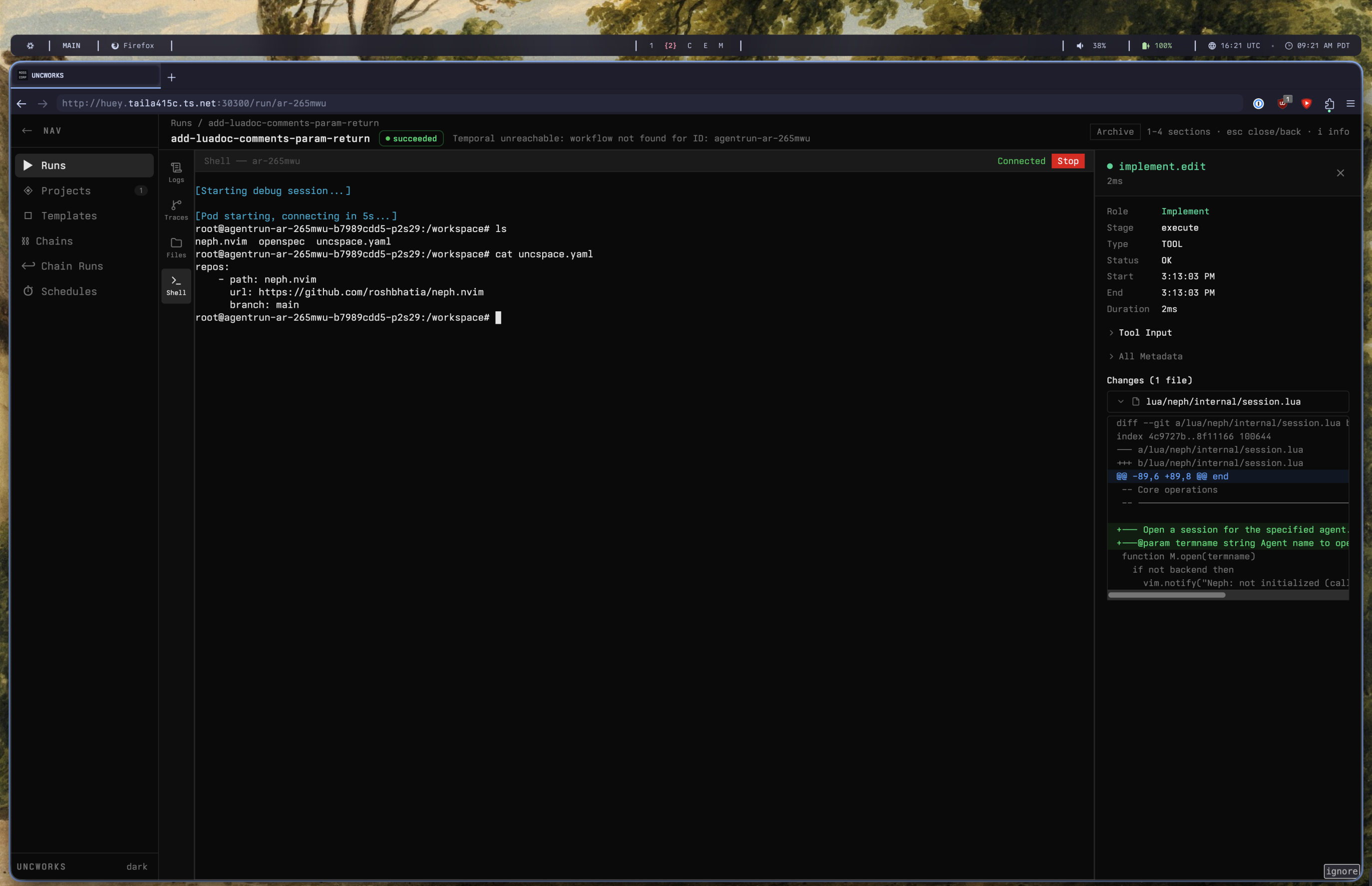 UNCWORKS debug shell showing direct SSH access into an agent pod workspace