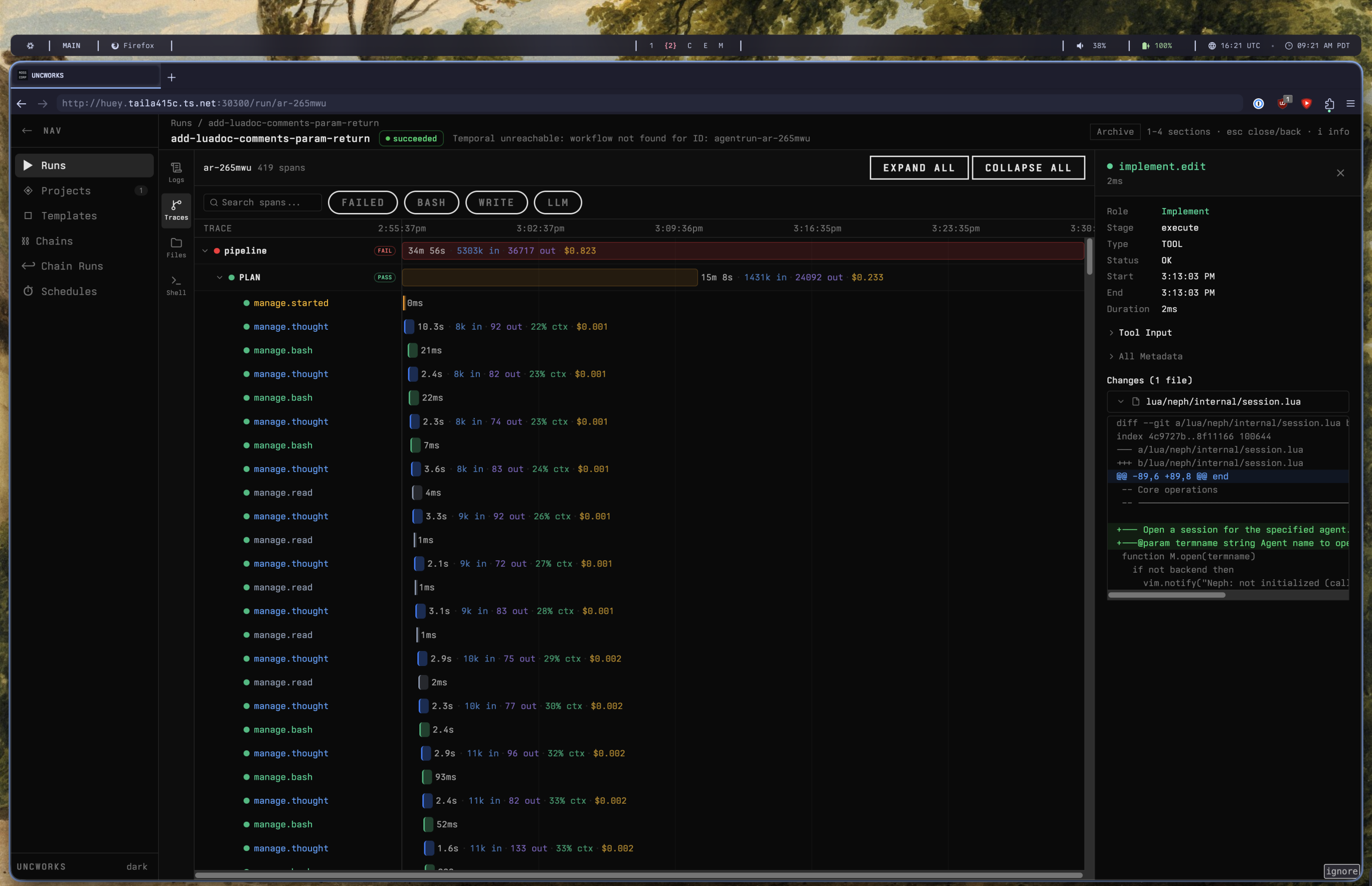 UNCWORKS trace timeline showing per-tool-call spans with token costs and diffs